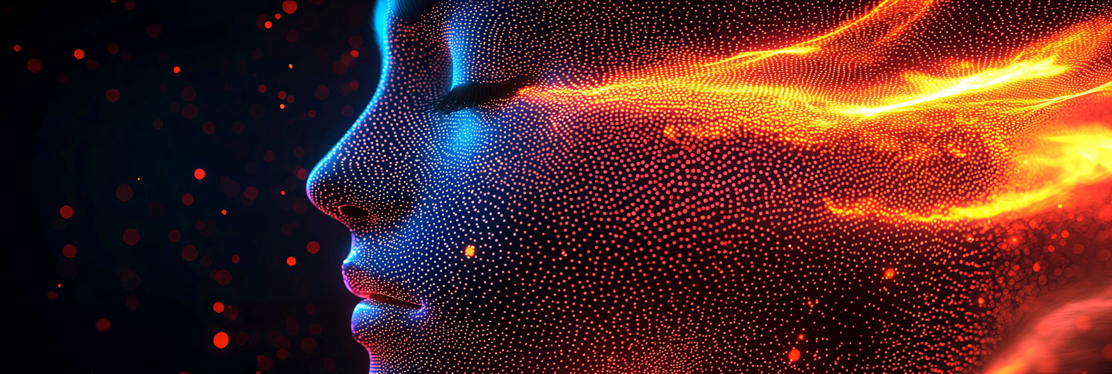 Volto digitale con striature infuocate per l'articolo sulla resistenza all'Intelligenza Artificiale