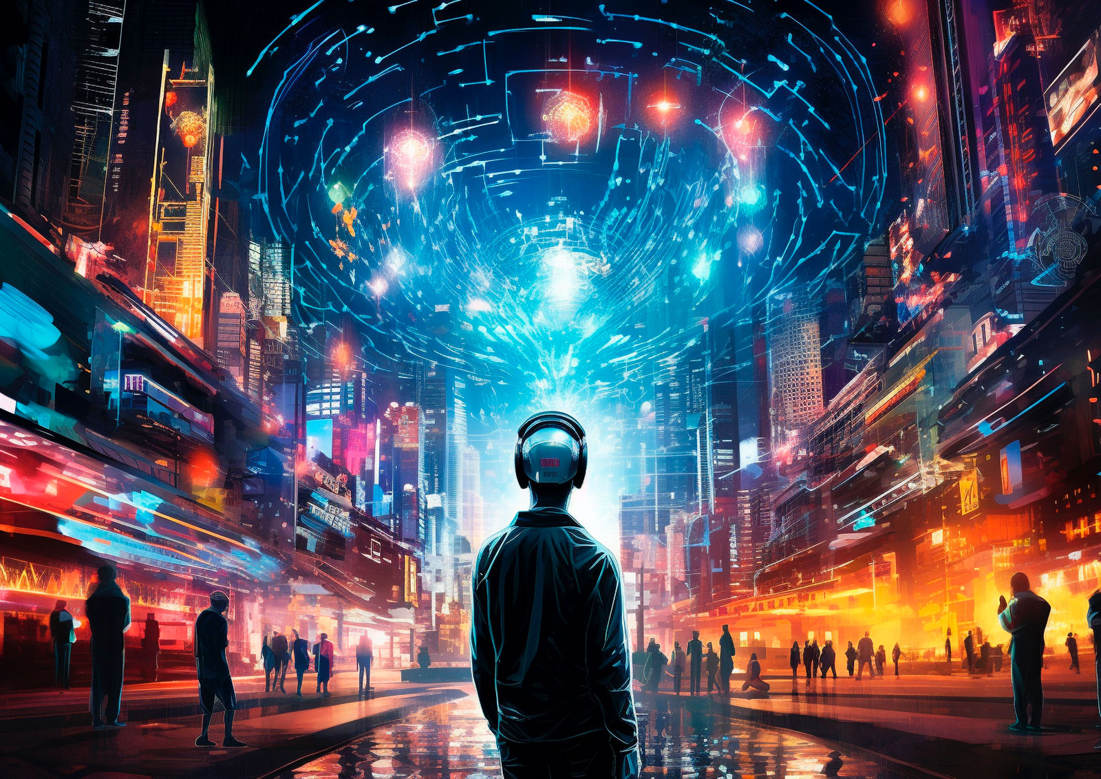 Illustrazione cyberpunk con colori neon per l'articolo sulla cybersecurity e cultura digitale nell'era dell'Intelligenza Artificiale