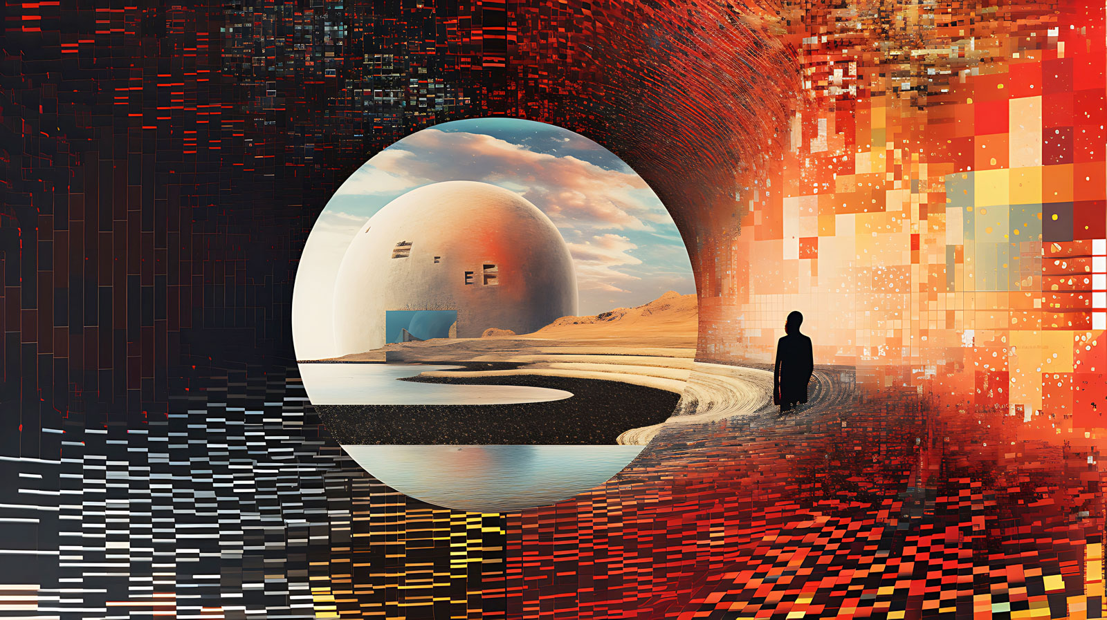 Figura umana di fronte a una sfera con testo per l'articolo sull'Intelligenza Artificiale e commercializzazione dell'affetto