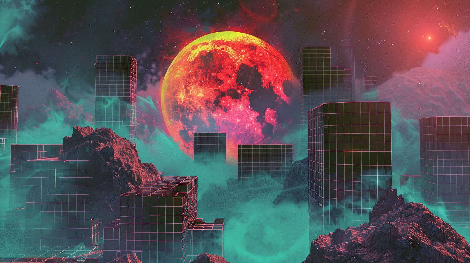 Sfondo retro synthwave per l'articolo sulla fatica necessaria e automazione nell'era dell'Intelligenza Artificiale