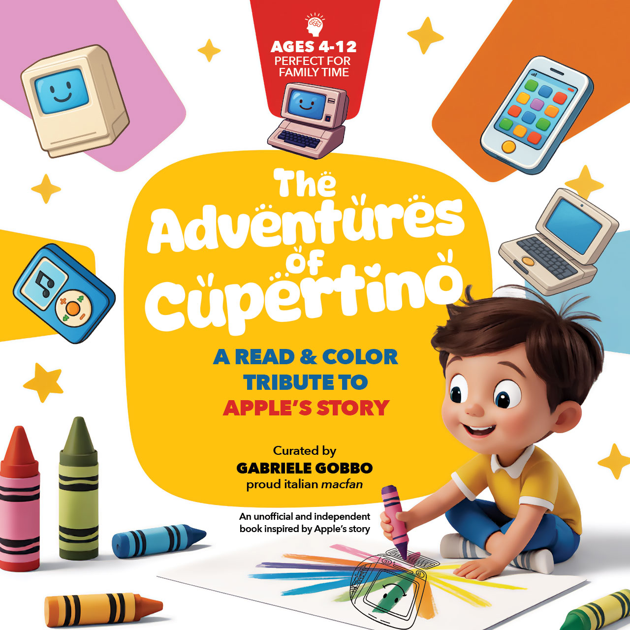 Copertina The Adventures of Cupertino di Gabriele Gobbo - Read & Color book sulla storia Apple per bambini in inglese